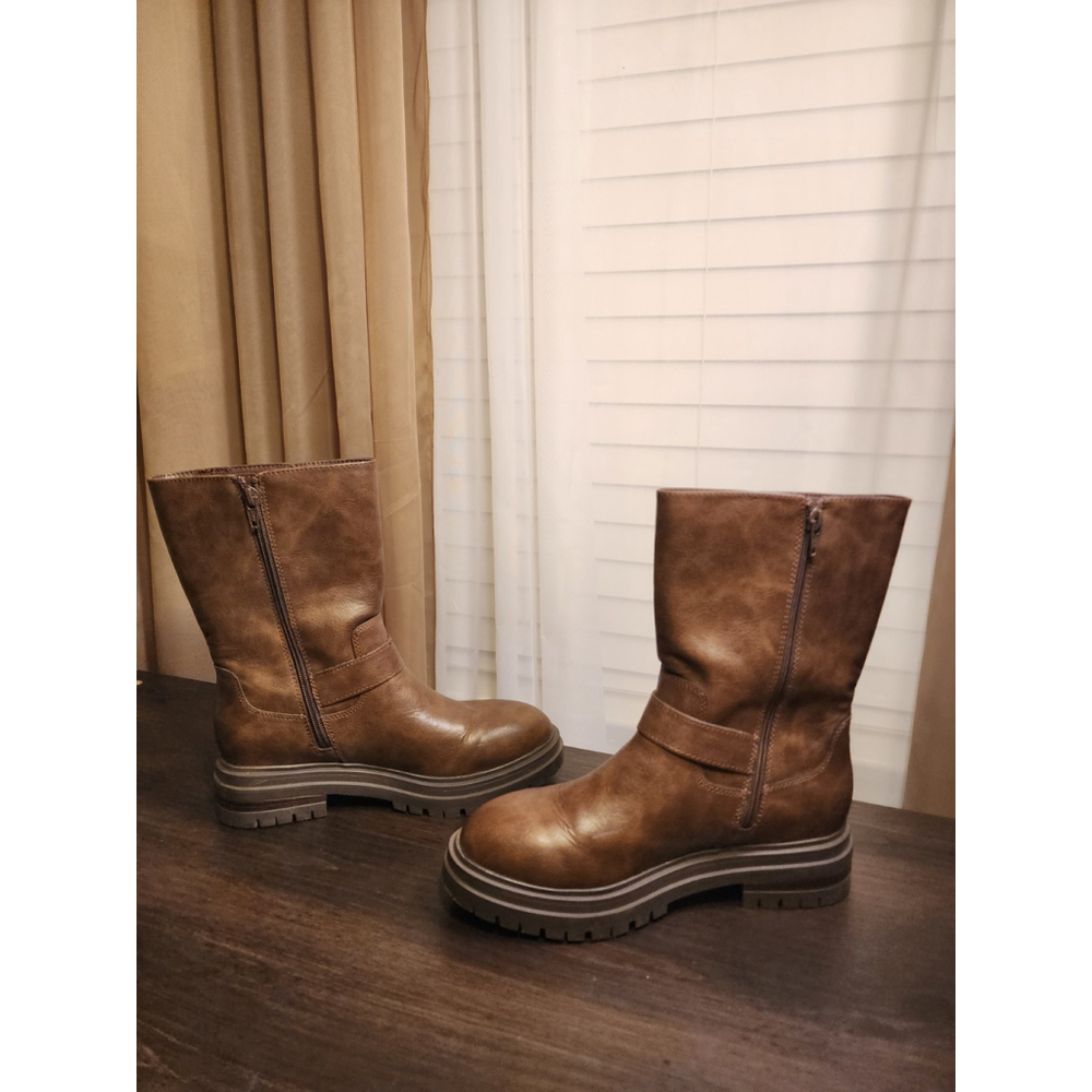 Sun + Stone Onnyx Lug Biker Moto Zip On Buckle Boots Booties 7 M Chocolate Brown - Picture 9 of 13